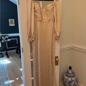 Cinderella Long-Sleeve Satin Maxi Dress in Champagne Beige